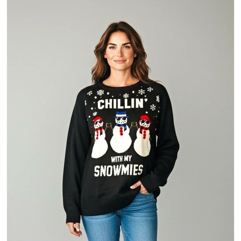 Well Worn Womens Christmas Black Chillin Snowmies Graphic Pullover Sweater L
